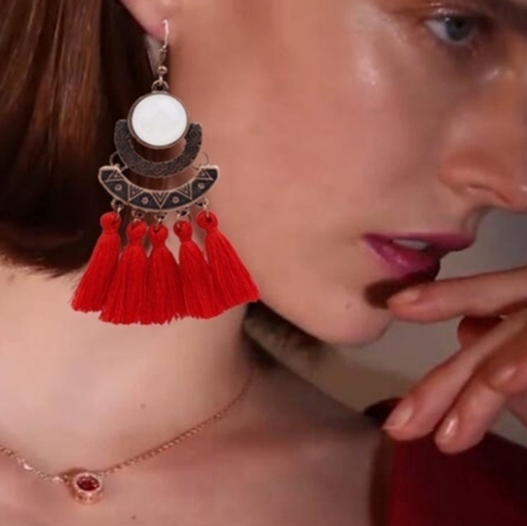 Moonstone Tassel Fishhook 3.5" Earrings Boho Aztec Cream Copper Color - Picture 3 of 7